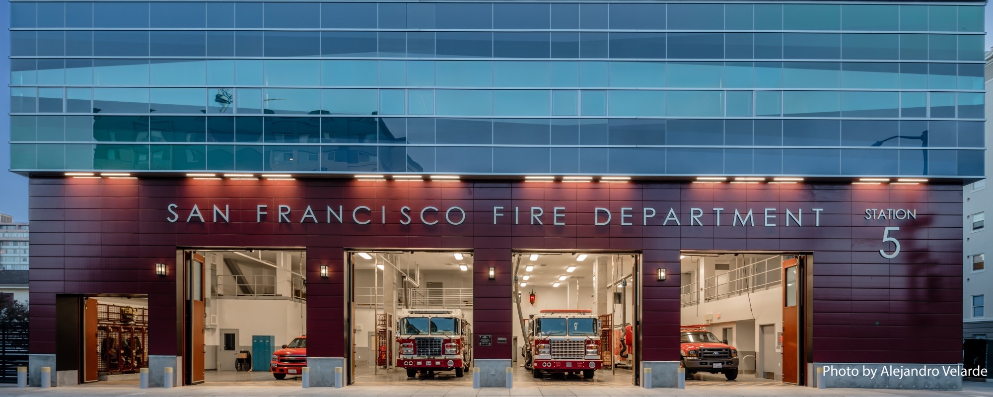 Fire trucks sit inside Fire Station 5.