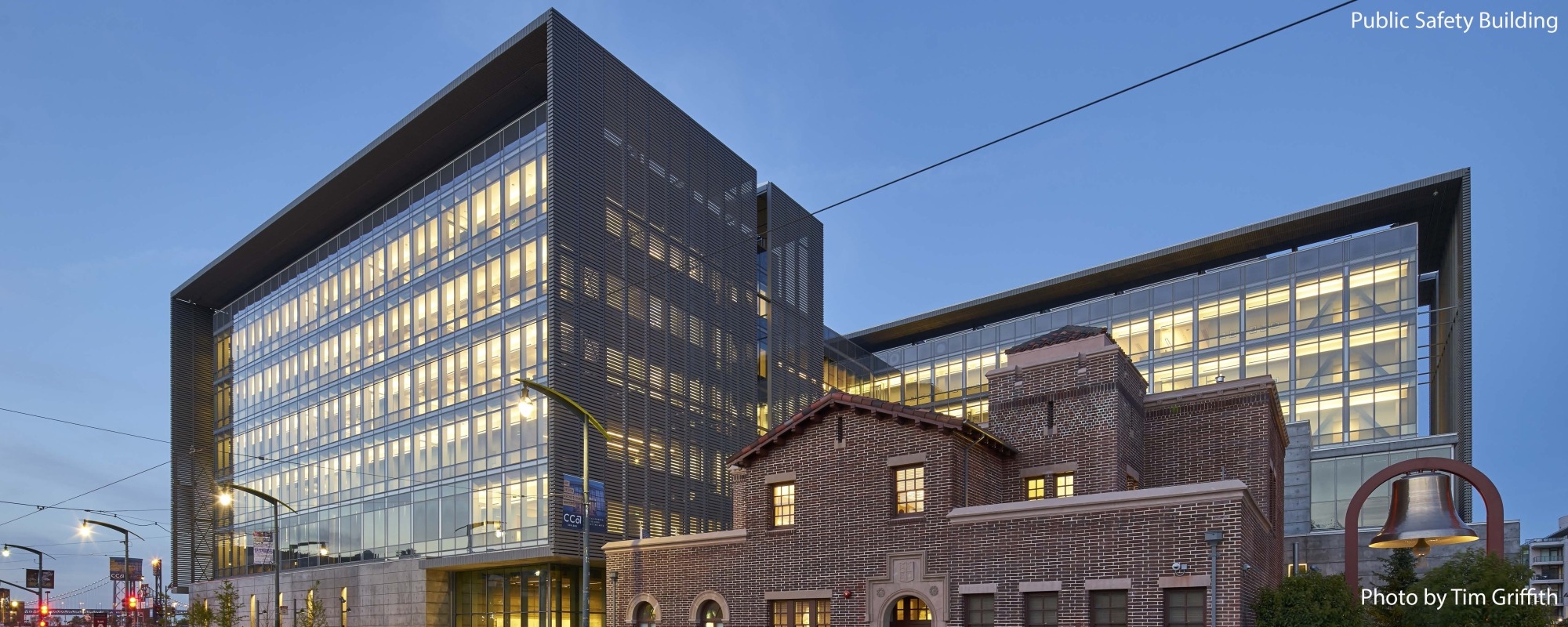 The San Francisco Public Safety Building by night.